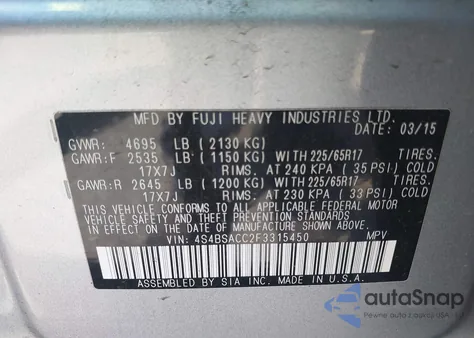 2015 Subaru Outback 2.5I Premium from USA, damaged, VIN 4S4BSACC2F3315450